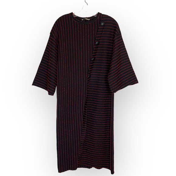 Zara Women’s Striped Jacquard Button Detail Midi Dress Red Black Size S - Picture 5 of 11
